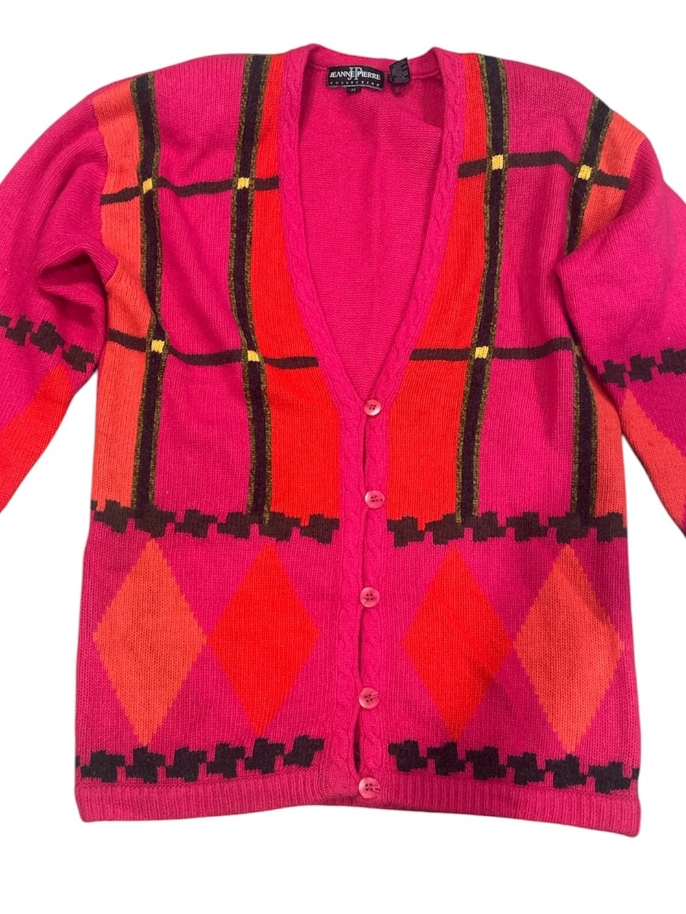 Vintage Jeanne Pierre 80s 90s Colorblock Geometric Cardigan Sweater M